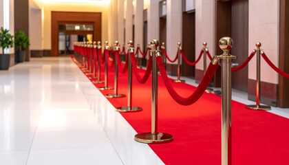Long hallway with a red carpet and velvet ropes