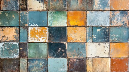 A collection of textures showing weathered walls with flaking, cracked, and grunge tiles. Patterns vary from checkerboard to ornamental, perfect for vintage or decayed backdrops.