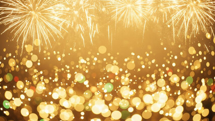 Festive golden sparkling background filled with bokeh lights and bright fireworks creating celebratory atmosphere for holiday new year or special event backdrop