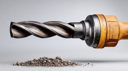 A close up of a drill bit with a hole in it. The drill bit is yellow and has a spiral shape. Concept of wear and tear, as the drill bit is old and rusty