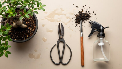 Bonsai tree with pruning tools on table, precision reflected in careful plant care, precision mindset for patience, discipline, mindful craftsmanship