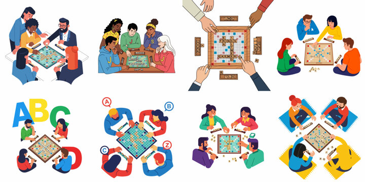 Diverse groups of friends and adults playing competitive word board games. Engaging in recreational, educational, and social indoor activities illustration set.