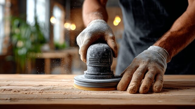A man is sanding a piece of wood with a sander. The scene is set in a workshop with a potted plant in the background. The man is wearing gloves and he is focused on his task