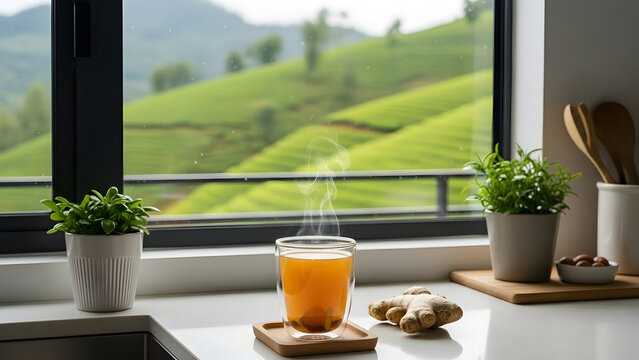 Warm Ginger Drink in Glass Cup with Tea Mountain View