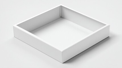 Isometric view of a white, empty square box with shadow on a white background