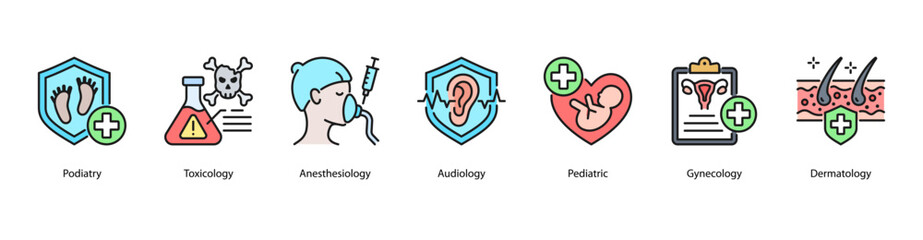 Obraz premium Clinical Specialties web banner illustration featuring Podiatry, Toxicology, Anesthesiology, Audiology, Pediatric, Gynecology, and Dermatology.