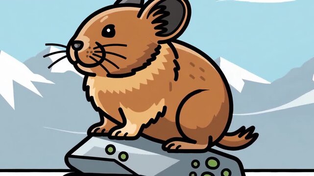 Animated pika on rocky mountain captivates with expressive movements and vibrant peaks background