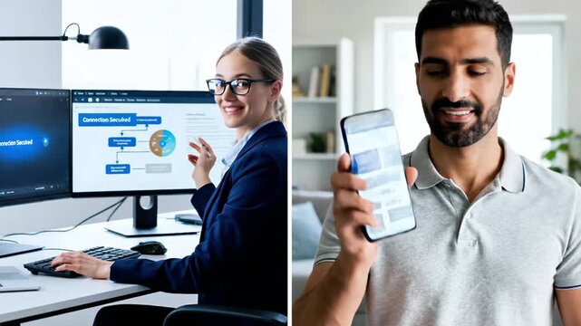 A split-screen image showing a woman working on a computer and a man holding a smartphone with a futuristic interface