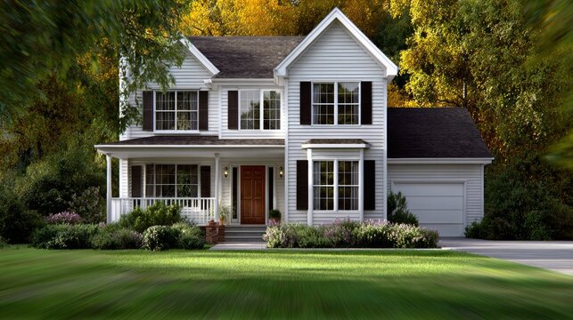 A large white house with a porch and a driveway. The house is surrounded by trees and has a lush green lawn