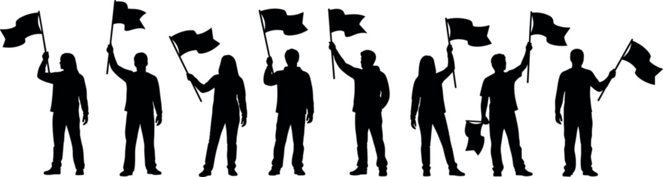 People holding flags silhouette vector illustration showing group of men and women waving flags isolated on white background for protest, celebration, and political concept design