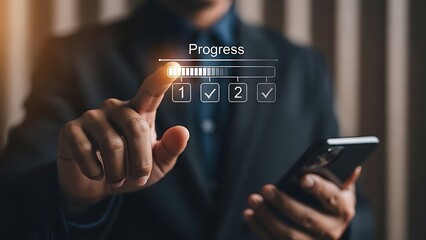 A businessman interacts with a glowing virtual progress bar on a digital interface