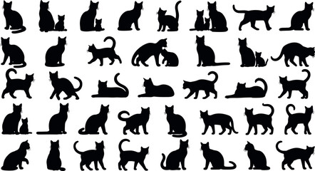 Cat silhouette vector mega set featuring numerous feline poses including sitting, walking, stretching, and playing isolated on white background for pet and animal design © MdRazaul