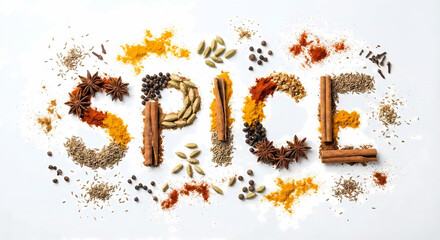 Creative concept for Indian spice promotion: the word ‘Spice’ is formed using an assortment of vibrant Indian spices.
