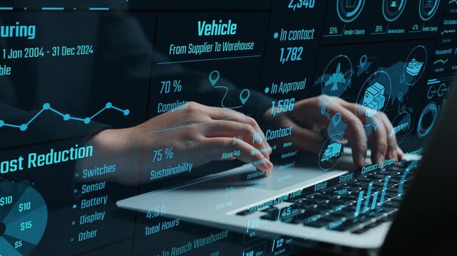 Showcase the dynamic interaction with a sophisticated digital interface, highlighting vehicle management and warehouse operations within a tech-driven workspace environment. Cipher