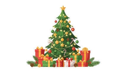 Decorated christmas tree with presents isolated on white background