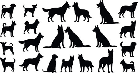 Dog silhouette vector set featuring various breeds in sitting, standing, and walking poses isolated on white background for pet, animal, and graphic design