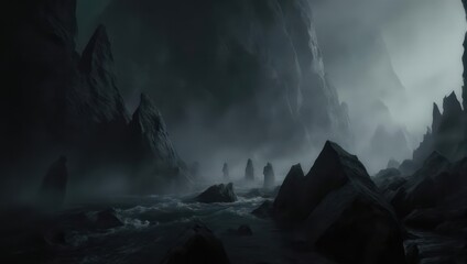Misty, dark landscape of jagged rocks and turbulent water