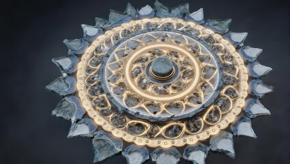Ornate, circular design with intricate details, lit from within, appearing aged or weathered