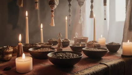 A table laden with bowls of dried goods, candles, and hanging ornaments. Soft light illuminates the scene