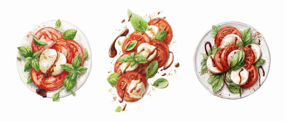 Watercolor illustration of classic Caprese with juicy tomato slices, soft mozzarella cheese and fragrant basil.Italian culinary art for summer menus. Mediterranean food motif. Vector illustration.