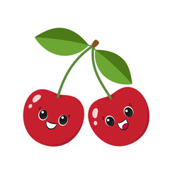 Fun cherries, cute cartoon character, juicy cherry berry, happy smiling face, big eyes, kawaii style, flat vector illustration on white background.
