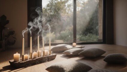 Wooden candle holder, soft lighting, zen-like space