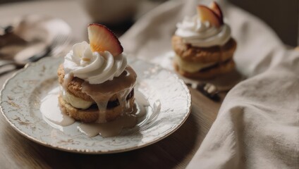 Two small cakes, layered with whipped cream and topped with peach slices, are drenched in a light syrup.  A vintage-style plate holds them