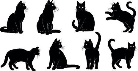 Cat silhouette vector set featuring playful, sitting, walking, and jumping feline poses isolated on white background for pet, animal, and graphic design © MdRazaul