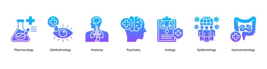 Medical Disciplines web banner illustration featuring Pharmacology, Ophthalmology, Anatomy, Psychiatry, Urology, Epidemiology, and Gastroenterology.