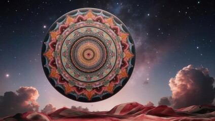 Ornate mandala-like disc floats over a desert landscape at night, amidst starry sky and clouds