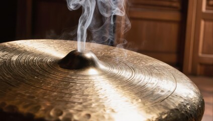Close-up of a brass cymbal with rising steam