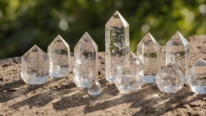 Clear quartz crystals of varying sizes arranged on a stone surface, bathed in sunlight
