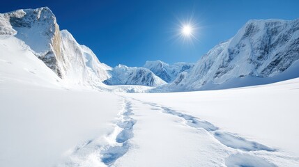 Obraz premium Footprints wind through a vast snowfield towards the towering mountains under a bright sun, highlighting the pristine beauty of the arctic landscape