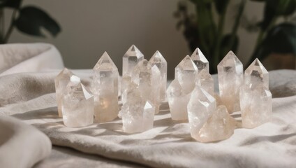 Clear quartz crystals, various shapes and sizes, on a light linen cloth