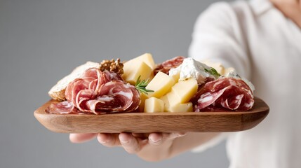 A person is holding a wooden tray with a variety of meats and cheeses on it. The tray is placed on a table, and the person is wearing a white shirt. Concept of abundance and indulgence