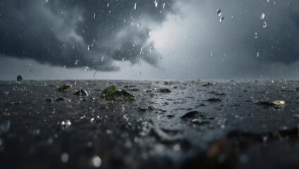 Rain-soaked ground beneath a stormy sky