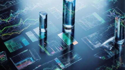 Transparent cylinders rest on a dark surface, reflecting multicolored data charts and graphs