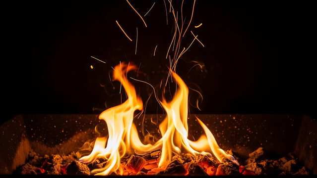 Flames Burning in Fire Pit at Night