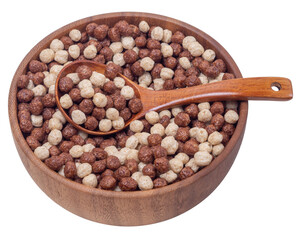 Isolated wooden bowl with breakfast cereal on white background