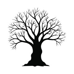 Black silhouette illustration of a leafless tree with detailed branches, isolated on white background, representing nature, winter season, growth, strength, and minimal design