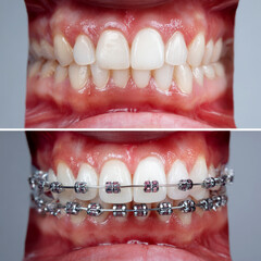 before and after with metallic dental braces installed on the teeth.