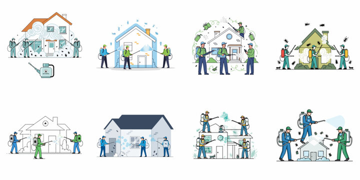 Pest control service bundle: professional exterminators treating residential homes for insect infestation, vector illustration set.