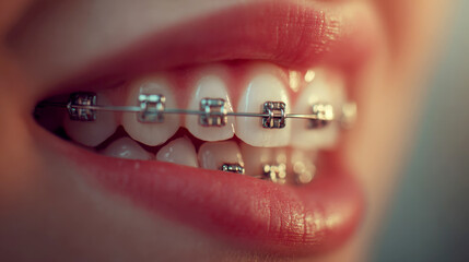 person's smile with metallic dental braces installed on the teeth.