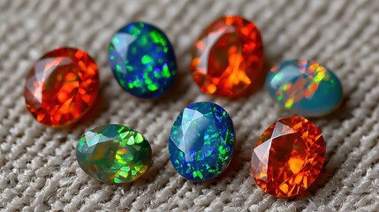 A vivid collection of faceted opals showcases their intense play of color, offering a rich display of gemstone artistry. The fire opal's radiant glow is particularly notable