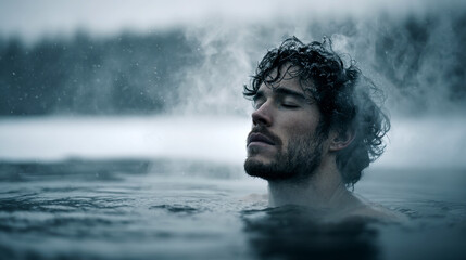 man practicing cold water immersion in icy winter lake surrounded by snow covered forest during serene meditation.