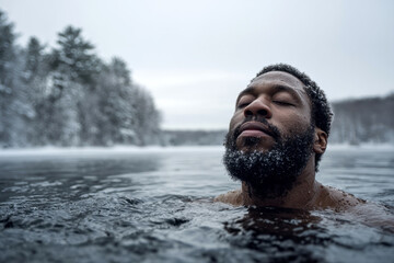 man practicing cold water immersion in icy winter lake surrounded by snow covered forest during serene meditation.