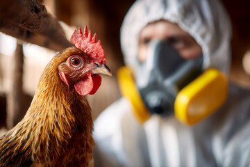 A worker wearing protective clothing and a mask carefully holds a brown hen in a poultry farm. The facility is clean and organized, with other chickens visible in the background.