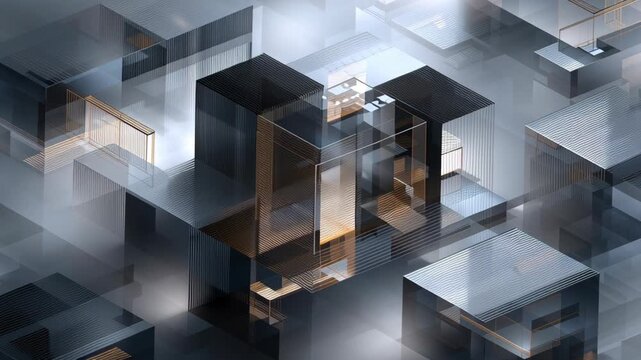 A series of cubes are shown in a blurry, abstract style. Enterprise-grade data protection design, abstract architectural visualization of privacy layers, minimal corporate tone