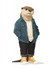 Naklejka premium Otter animal cartoon illustration character standing clothing jacket sneaker denim otter animal cartoon illustration character standing clothing jacket sneaker denim casual outfit cute confident