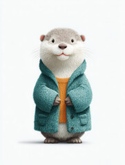 Cute otter character anthropomorphic otter teal coat orange sweater fluffy fur white background modern illustration scandinavian style smiling animal children design cute expression furry texture